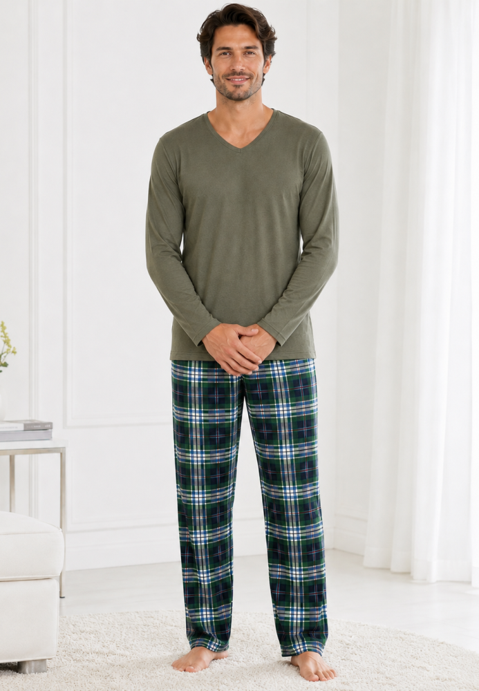 Pijama barbati Serena cu maneca lunga si pantalon lung-Kaki ,Engros